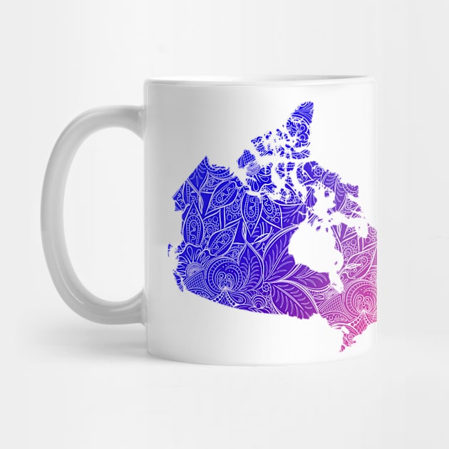 Colorful mandala art map of Canada with text in blue and violet by Happy Citizen